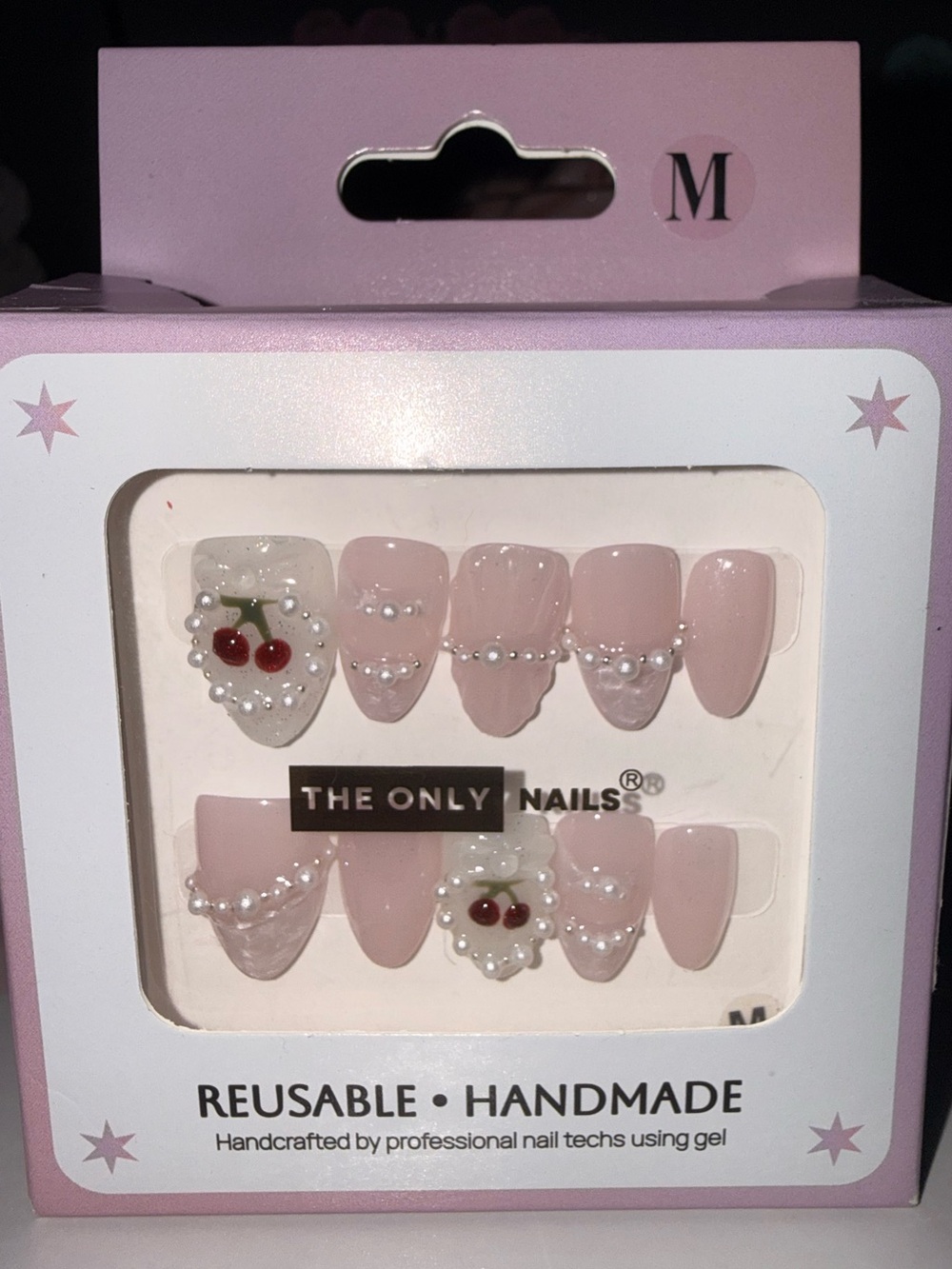 The Only Nails Pink Pearl & Cherry Design Reusable Handmade Press-On Nails
